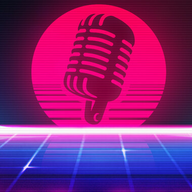 The logo of “Radio Ghost”: A black background and a pink circle with an icon of a vintage microphone in the center. A neon pink stripe cuts through the image below the microphone. The lower part of the image is blue and interspersed with white tiles. 